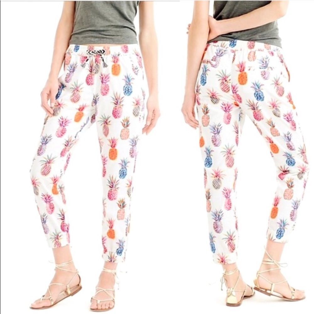WOMEN'S J CREW SEASIDE PULL ON PANTS IN‎ WHITE RATTI PAINTED PINEAPPLES Size 0